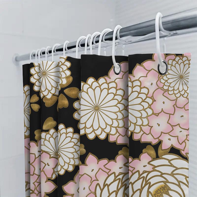 Luxury Floral Shower Curtain Set Black Gold, Pink White Waterfall Print Bath Mat Decor For Bathroom Home Decoration Accessories