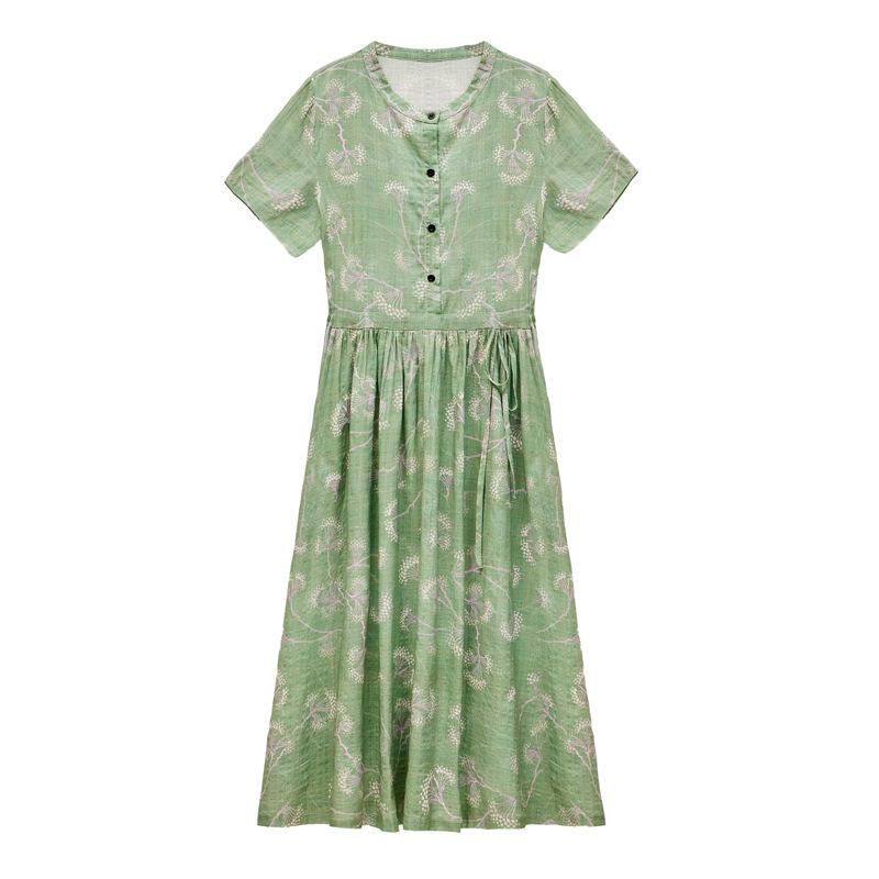 Dámské letní 2025 květinové bavlněné lněné šaty - Krátký rukáv, zeštíhlující pas, dlouhá délka, omlazující, módní ležérní oblečení pro matky