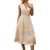 Solid Color V Neck Sleeveless Elastic Waist A Line Midi Casual Women Dress