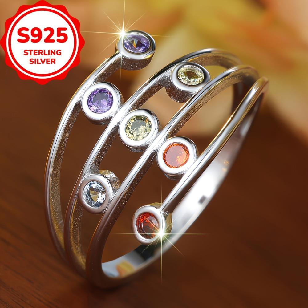 S925 Sterlingsilber Bunte Runde Zirkonia Ringe für Frauen Kreativer Attraktiver Partyschmuck