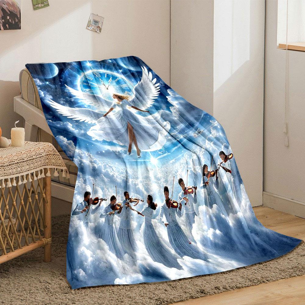Angel Clock Violin Print Blanket  Printed Blanket for Living Room Bed Couch lunch break Soft Cozy Blanket for Friend's festival Gift