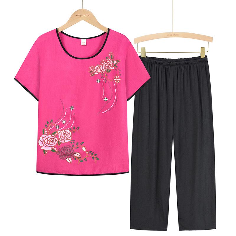 Summer Cotton & Linen Suit for 60-70-Year-Old Women: Grandma's Loose Pajama Set with Short-Sleeved T-Shirt