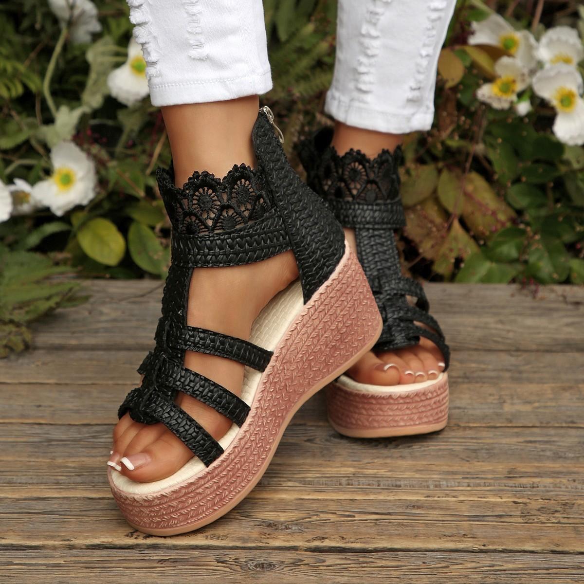 Summer Wedge Sandals Back Zip Platform Platform Shoes Lace Cutout High Heel Plus Size Bag Heel Sandals Women 36 чёрный