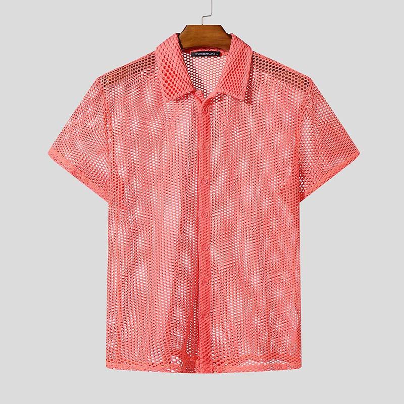 

INCERUN Summer Men Lapel Neck Short Sleeve Hollow Out Beach T-shirts 5XL розовый