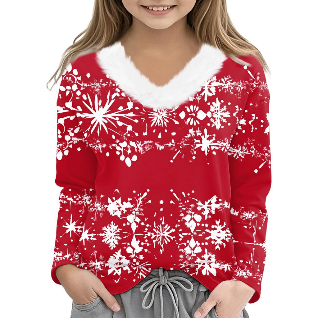 Christmas Day Girls Long Sleeve T Shirts Kids  Girls' V-Neck Tee Christmas Print Long Sleeve Top