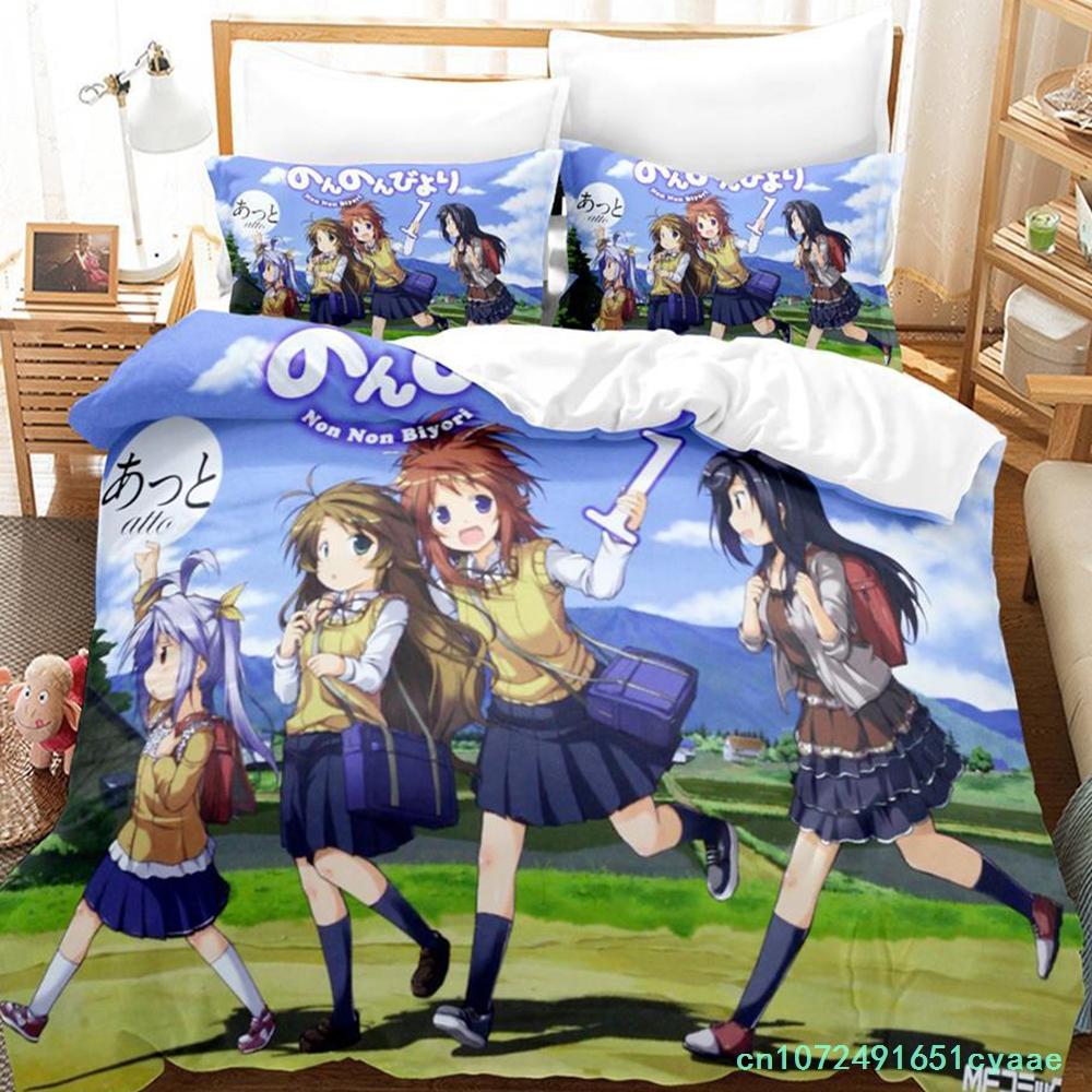 Non Non Biyori Bedding Set Single Twin Full Queen King Size Bed Set Adult Kid Bedroom Duvetcover Sets Anime Parure De Lit Bed
