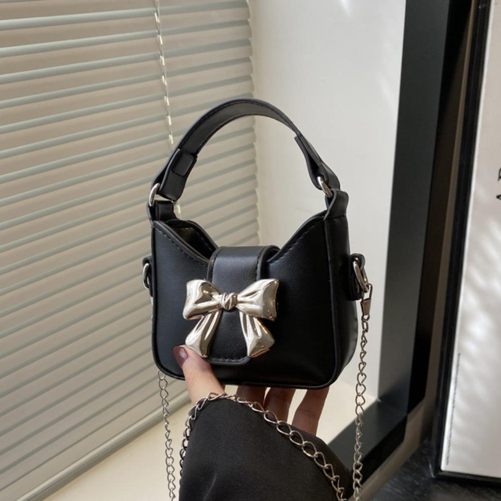 Handbag Silver Bucket Bag Pu Leather Women's Shoulder Bag Simple Bow Buckle PU Bag  Makeup Bag