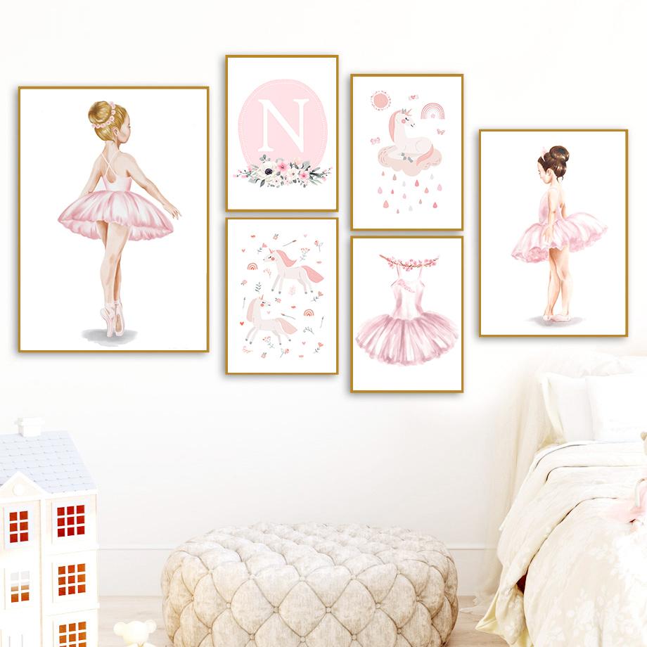 Unicorn Ballet Girl Princess Rainbow Flower Wall Art Canvas Painting Nordic Posters And Prints Wall Pictures For Kids Room Decor