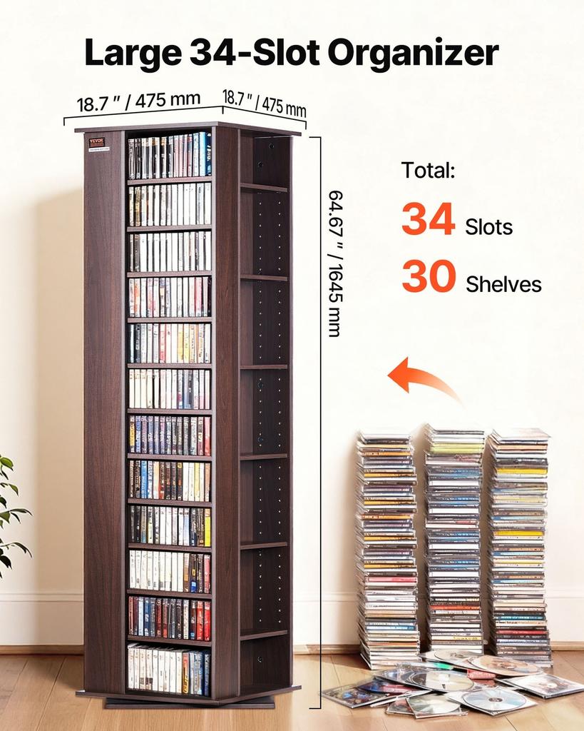 Spinning Media Tower 4-Sided Revolving Media Tower 1040 CDs Espresso