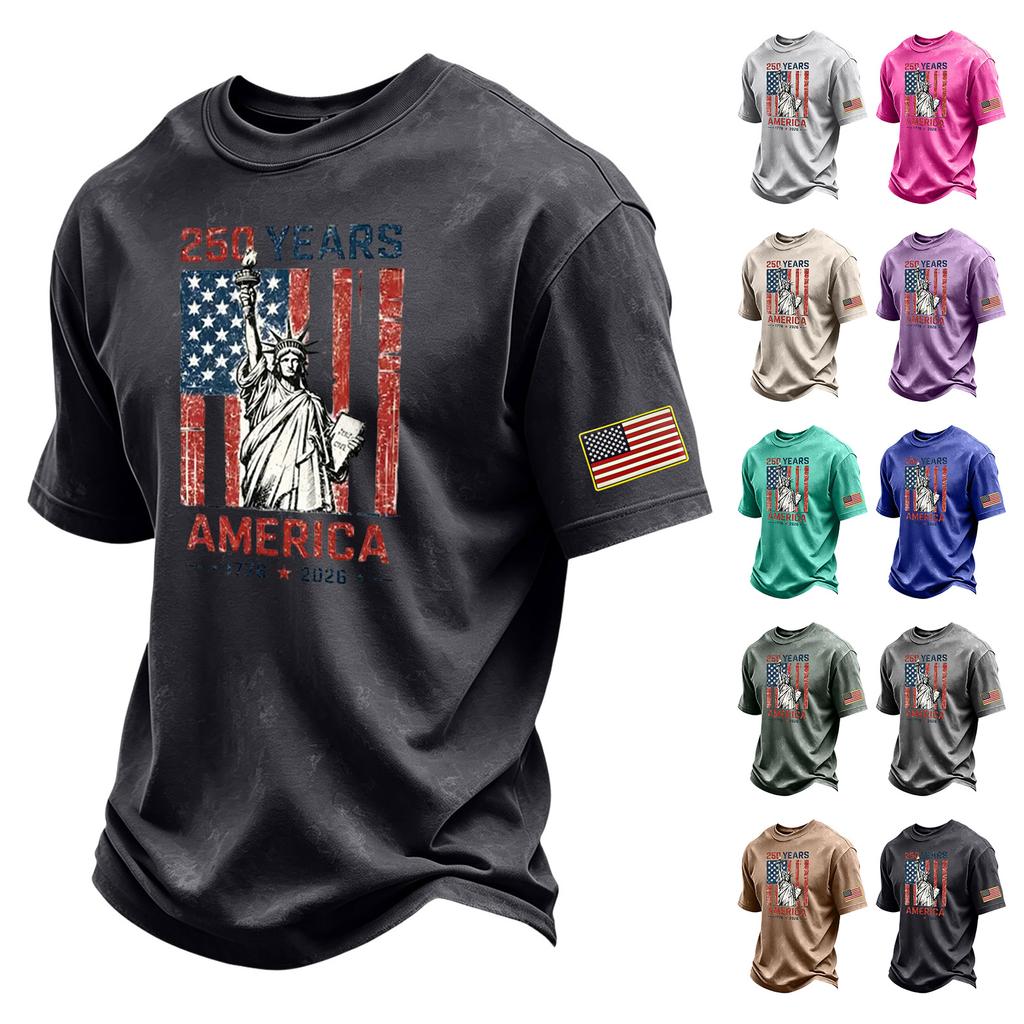 Men's Vintage Washed Crew Neck Short Sleeve T-Shirt 250 Years America Independence Day Graphic Print Cotton Casual Tee