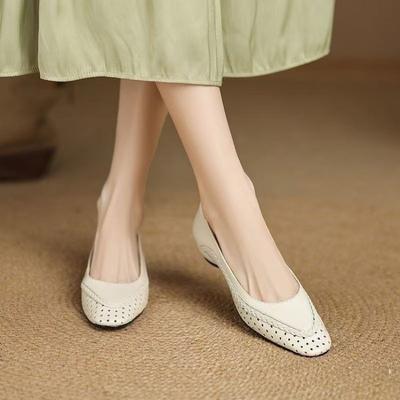 2025 French Square Head, Hollow and Breathable Thick Heel Shallow Mouth Single Shoes Women's Middle Heel Bag Head Sandals Soft Leather Hole Shoes