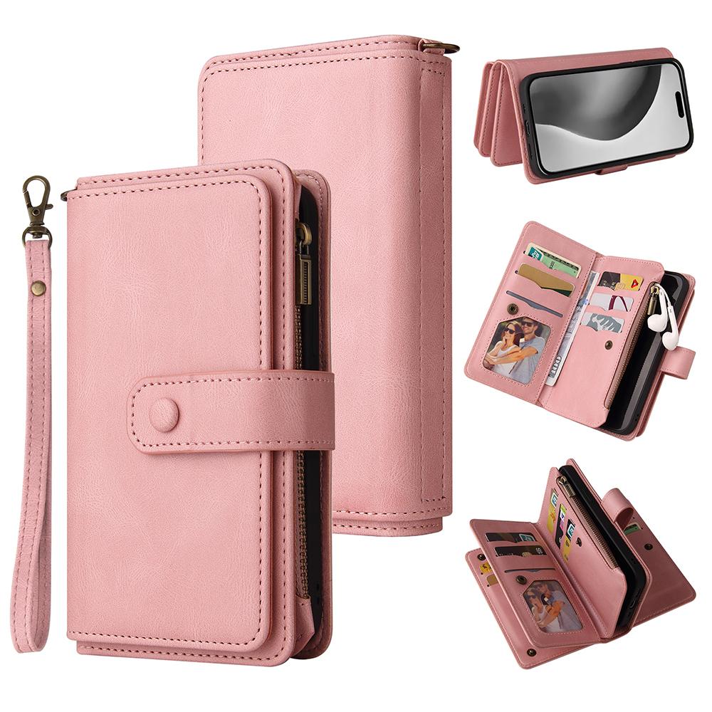For iPhone 16 Pro Max Zipper Wallet Case with 15 Card Slots and Strap Leather Phone Cover