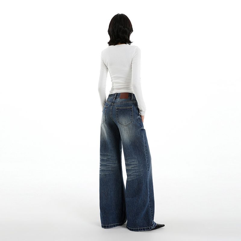 Retro bamboo pattern wide-leg jeans for women's autumn new Spice Girls loose and not close to the legs, washed straight trousers