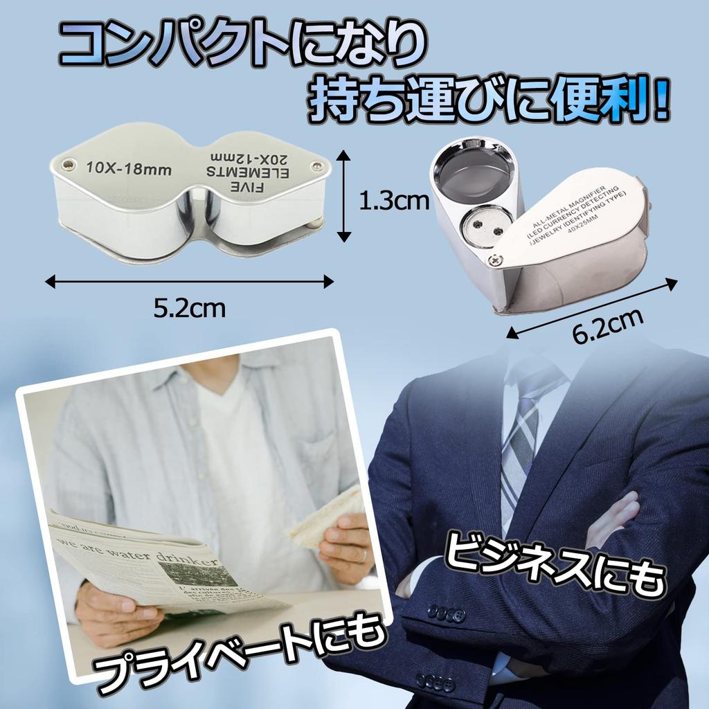 PIENSE Magnifying Glass, 10x, 20x, 40x Magnification with LED Light, Portable, for Jewelry and Gemstone Appraisal, with Case (102040x Magnification)