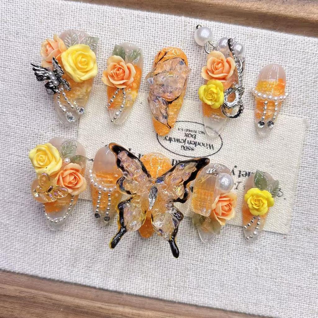 Yellow Butterfly Elegant Almond-Shaped Handmade Fake Nail Tips