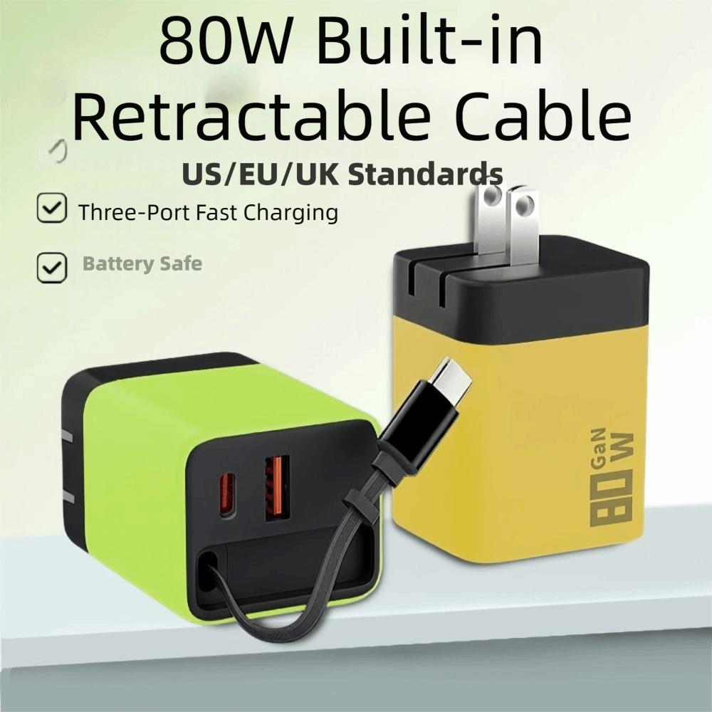 Retractable Cable Fast Charger 80W Power PD Fast Charging Light Indicator USB C Charger  Travel Use