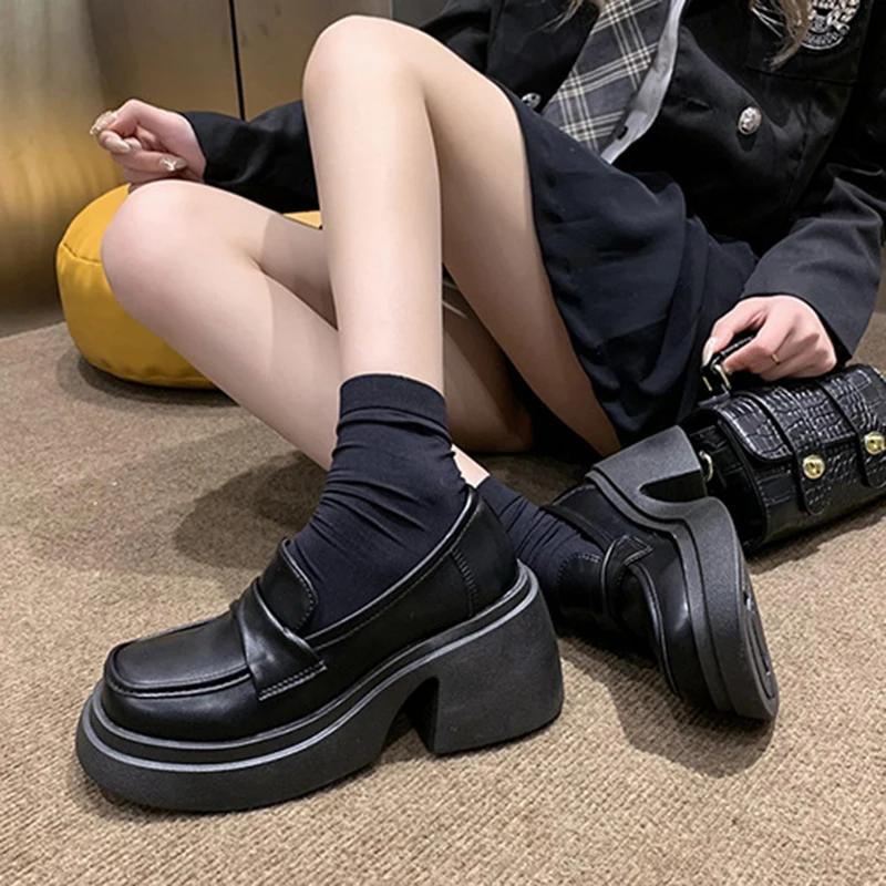 British Style Platform Loafers Women 2024 Round Toe Thick Bottom Single Shoes Woman Leather Chunky Heels Black Mary Janes Shoes