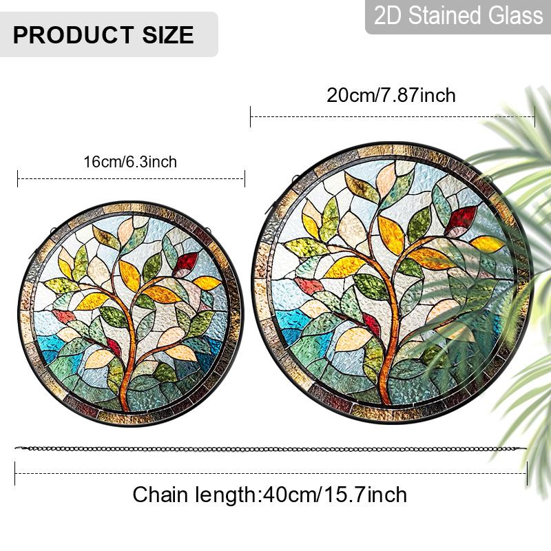 2D Flat Stained Glass Nature Branches and Leaves Window Decoration, 6.3/7.87inches Colored Glass Plate with Chain, Charming Spring Summer Sun Catcher