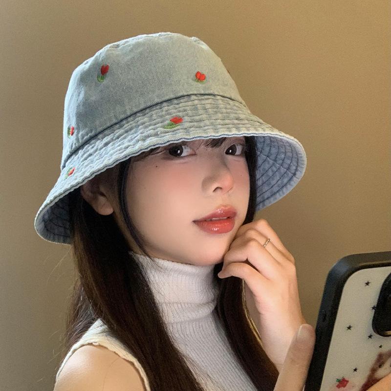 Fashionable Embroidered Cherry Denim Wide Brim Hat Unisex Summer Accessory Essential