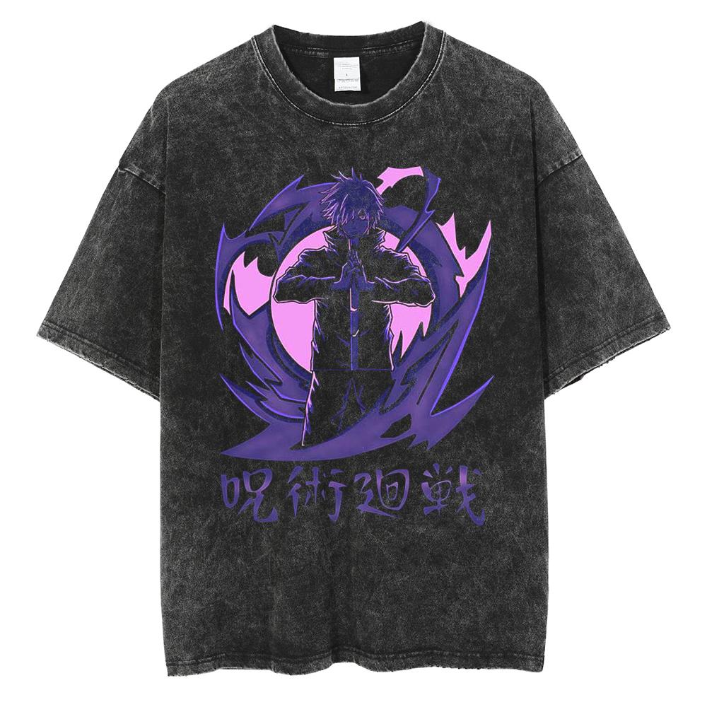 Hot Anime Jujutsu Kaisen Gojo Satoru Graphic Washed T-shirt Men Casual Cotton Tshirts Manga Tee Harajuku Male Vintage T Shirt