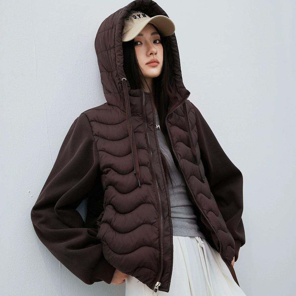 Autumn and winter light and wavy cotton-padded clothes loose short casual sweater sleeves jacket splicing hooded ribs cotton-padded clothes women