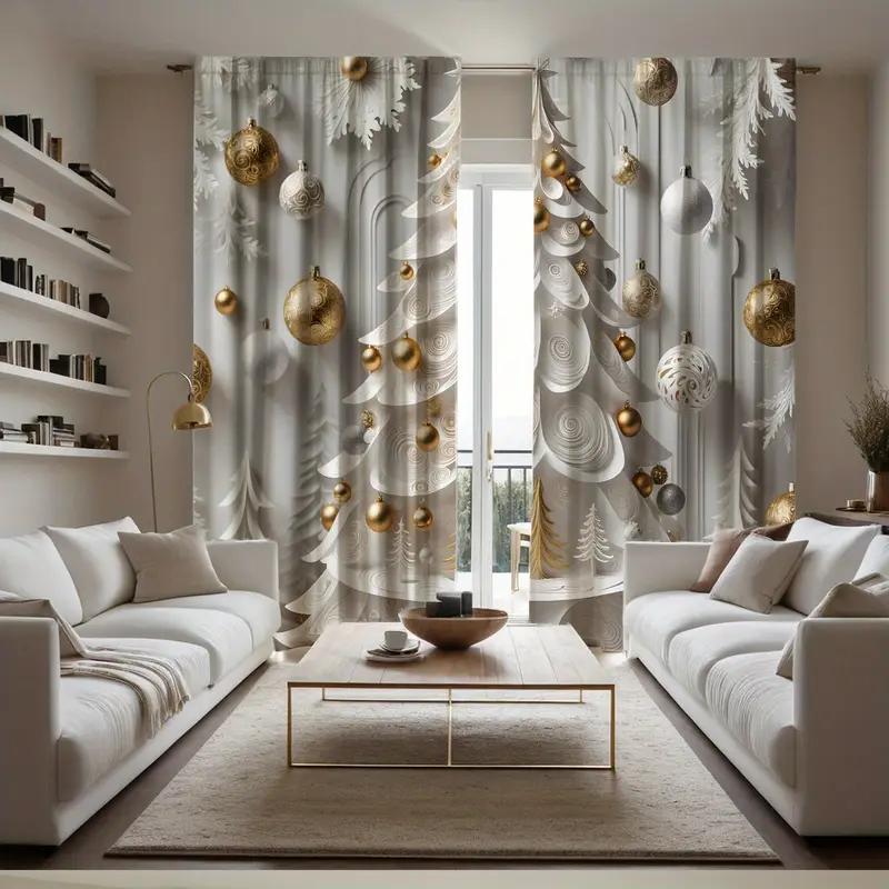 2pcs Elegant Gold Christmas Tree Pattern   Sophisticated Design Light - Filtering Polyester Curtains for Christmas Home Windows