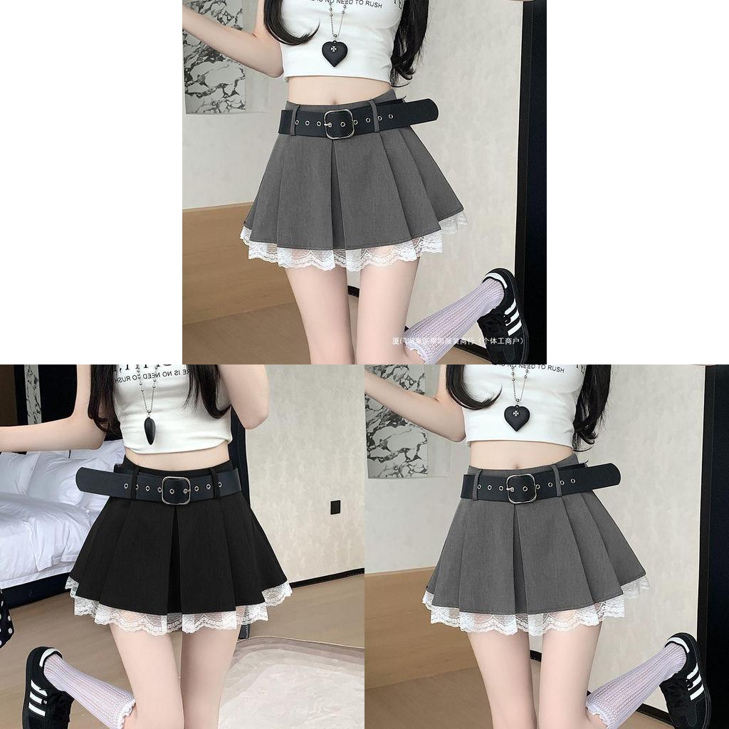 Classic High Waist Pleated Skirt With Lace Patchwork For Summer Fashion