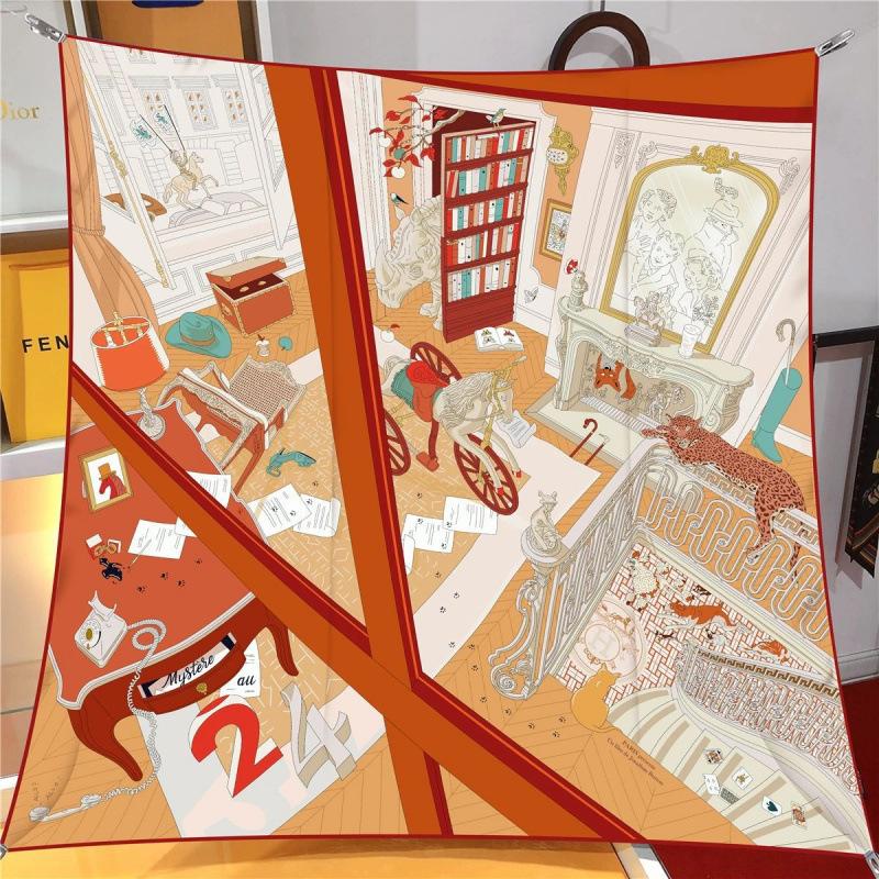 Spring New 90Cm Square Scarf Handmade Desktop Twill Silk High-End Shawl Headscarf Machine Curling Women Fashion Trend