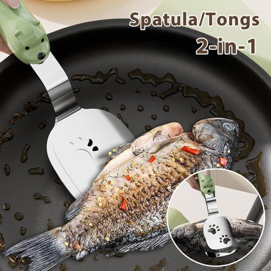 2Pcs 2-in-1 Stainless Steel Fish Spatula Tongs Non-Slip Double Layer Flipper Tongs for Steak Pancakes Heat-Resistant Kitchen Cooking Tool