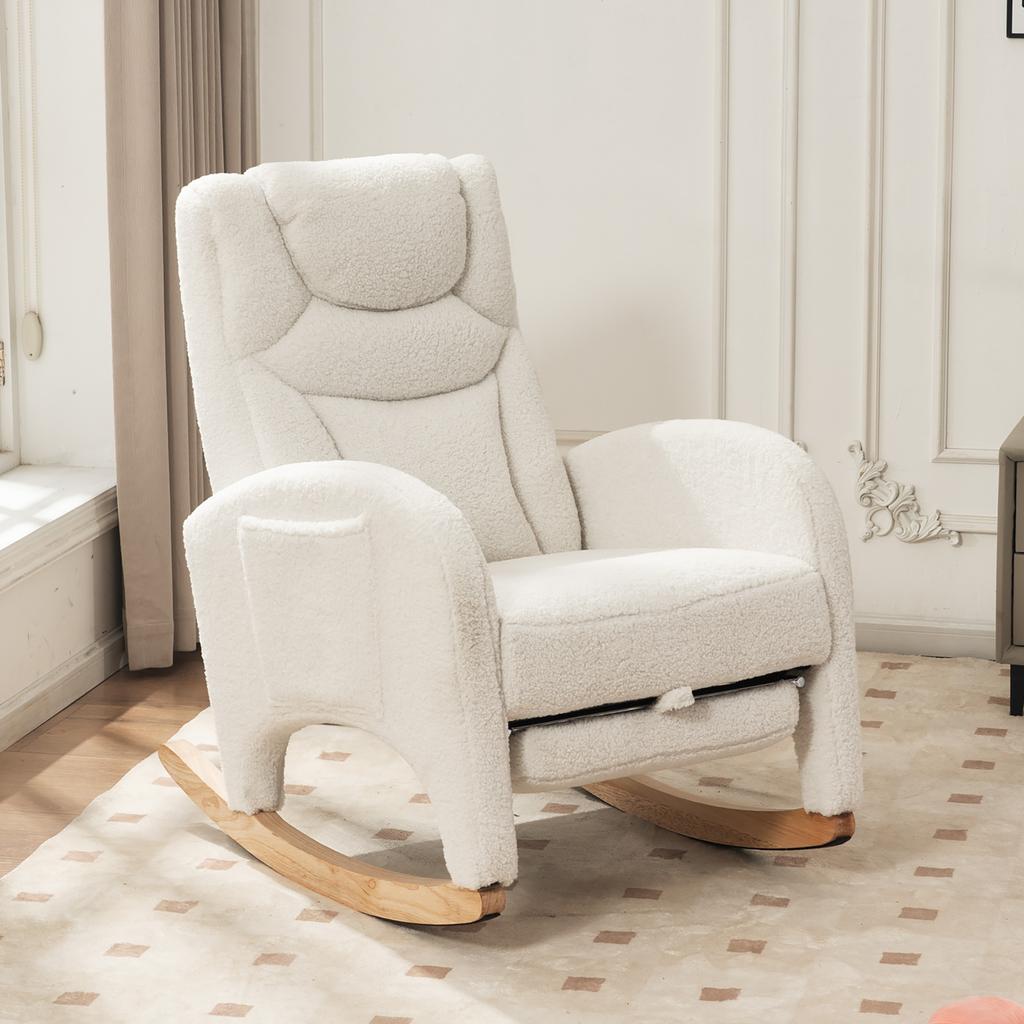 052 Rocking Chair, Recliner, Living Room Chair with Armrest, Upholstered, Accent Chair for Bedroom, White Teddy Fabric, 110 Kg Load Capacity