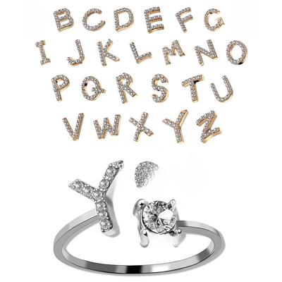 Eleganter verstellbarer 26-Buchstaben-Diamantring im koreanischen Stil für Damen