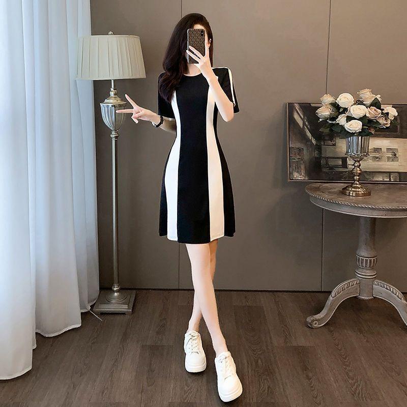 Women's Crew Neck Short Sleeve Midi A Line Dress Slim Fit High Waist Elegant Color Block Striped Casual Summer Dress