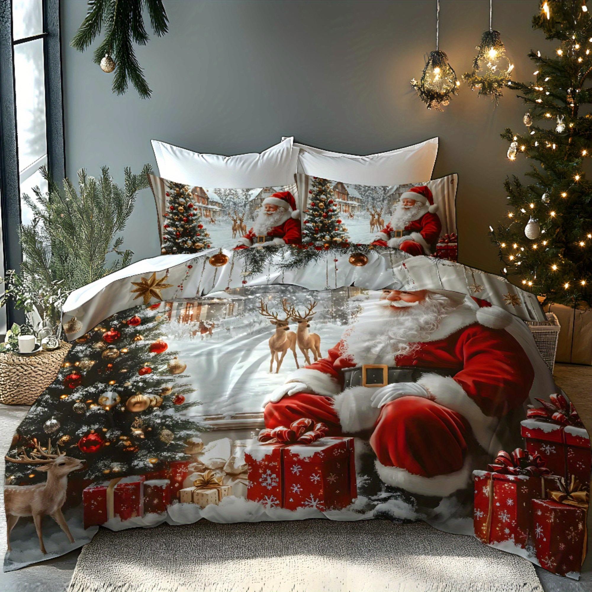 

Christmas Santa Claus Sleigh Reindeer Christmas Tree Santa Claus Snow Cabin Pattern Soft Brushed Printing Quilt Cover Bedding 90X200cm 2PCS
