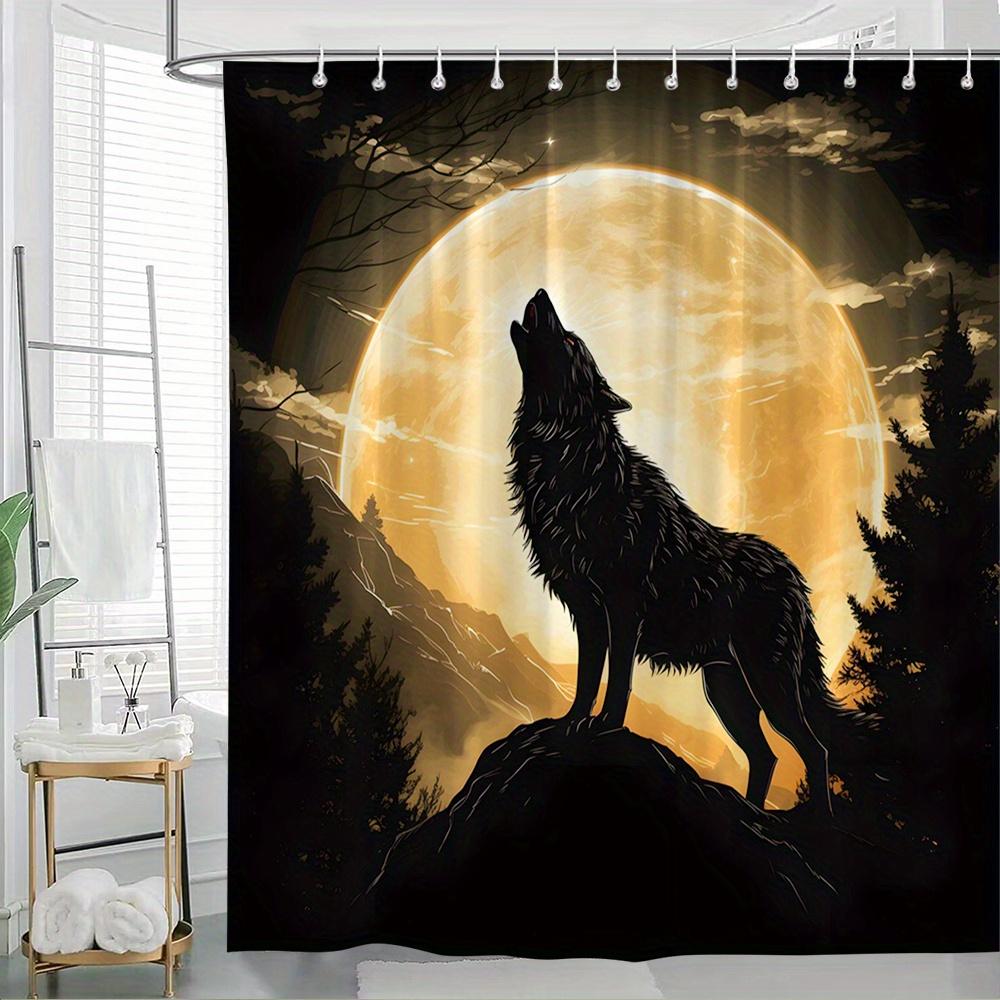 1pc Wolf Moon Howling Shower Curtain - Full Golden Moon with Silhouette of Lone Wolf & Pine Trees, Mystical Serene Night Scene, 90x180cm35x71in