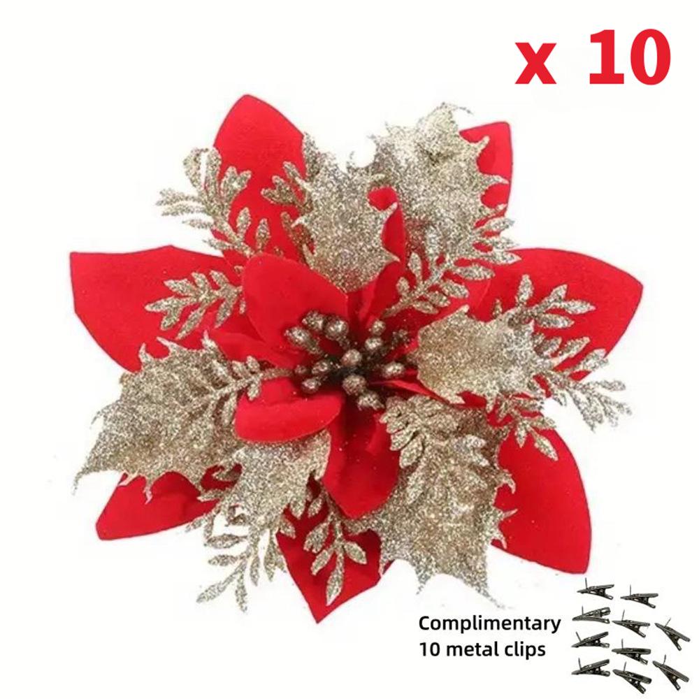 

Набор из 10 золотых блестящих рождественских цветов с клипсами - 14 см искусственный декор для елки и венков