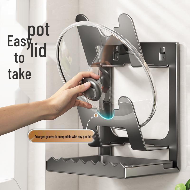 Wall-Mounted Kitchen Lid and Utensil Holder with Draining Tray