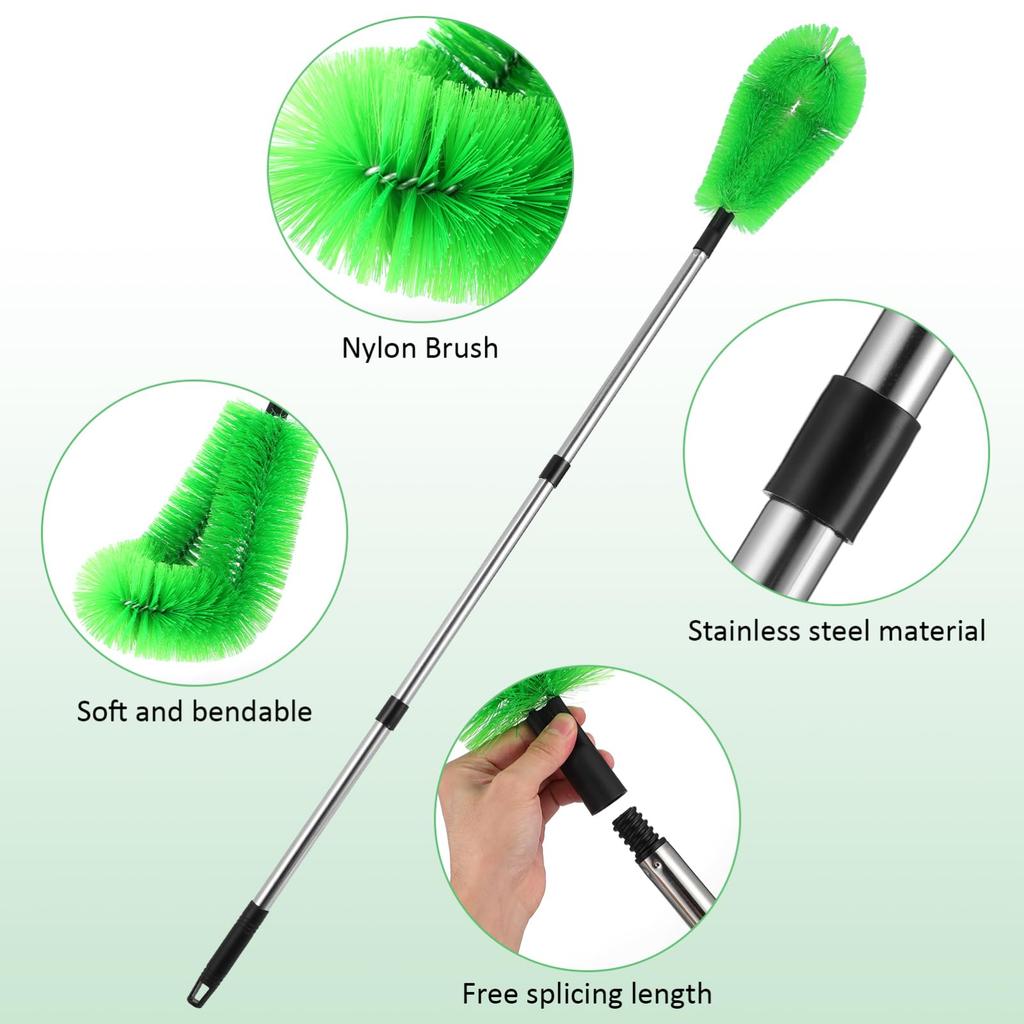 NUOLUX Stainless Steel Gutter Brush, Spider Web Preventer, Cleaner Tool with Telescopic Extension Poles (2 Brushes + 6 Poles), 230cm X 16cm X 8cm