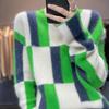 Korean Style Color Block Cashmere Wool Sweater - Women's Casual Round Neck Pullover for Autumn/Winter
