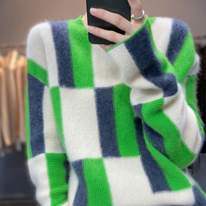 Korean Style Color Block Cashmere Wool Sweater - Women's Casual Round Neck Pullover for Autumn/Winter