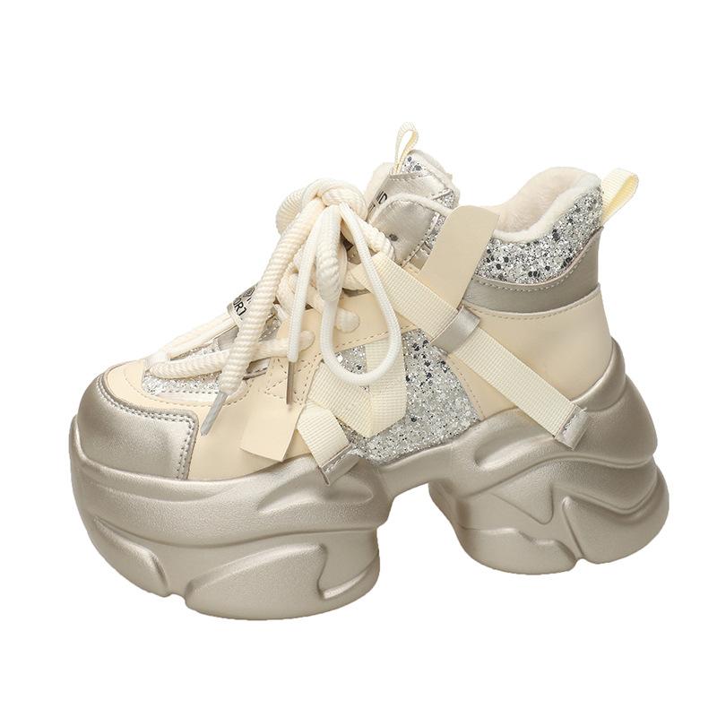 Glitter Platform Dad Sneakers for Women Autumn Winter Thick Sole Elevator Chunky Sneakers Sweet Cool Style Lace-Up Tennis Shoes