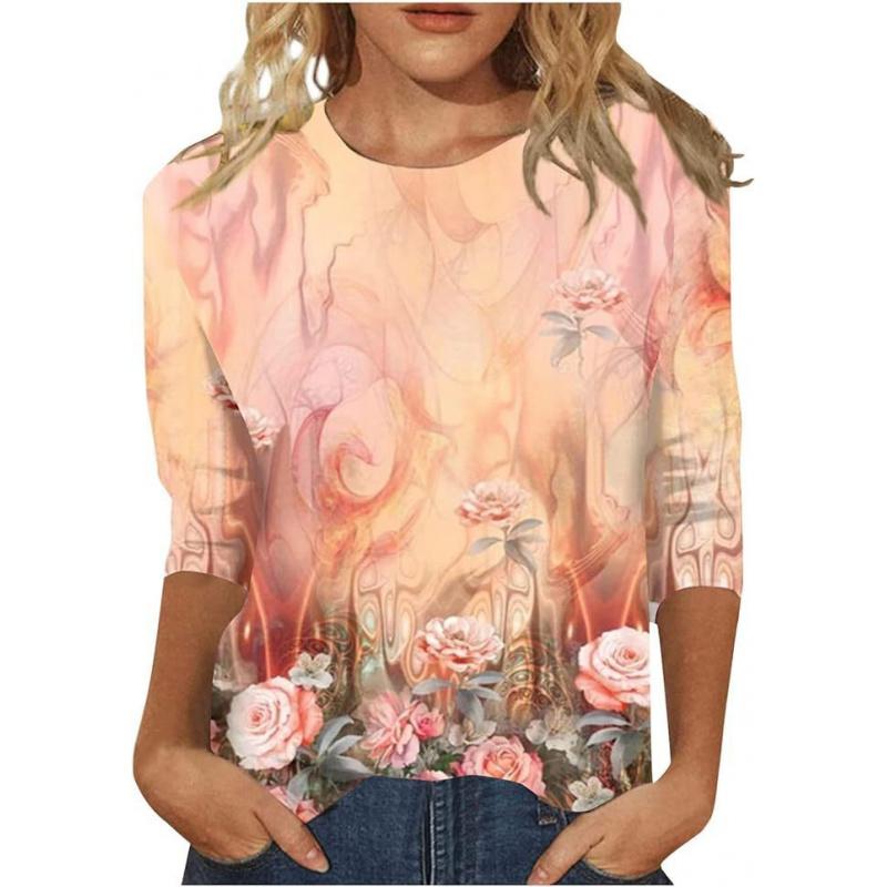 Women s Top with Three-quarter Sleeves Summer Ethnic Floral Slim Fit Top Round Neck Slim Fit Printed T-shirt 4XL