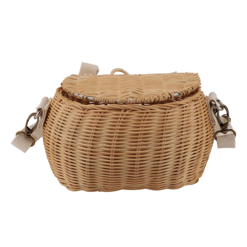 Kids Bike Basket Simple Lid Design Adjustable Strap Light Sturdy Kids Rattan Basket for Cycling School Travel