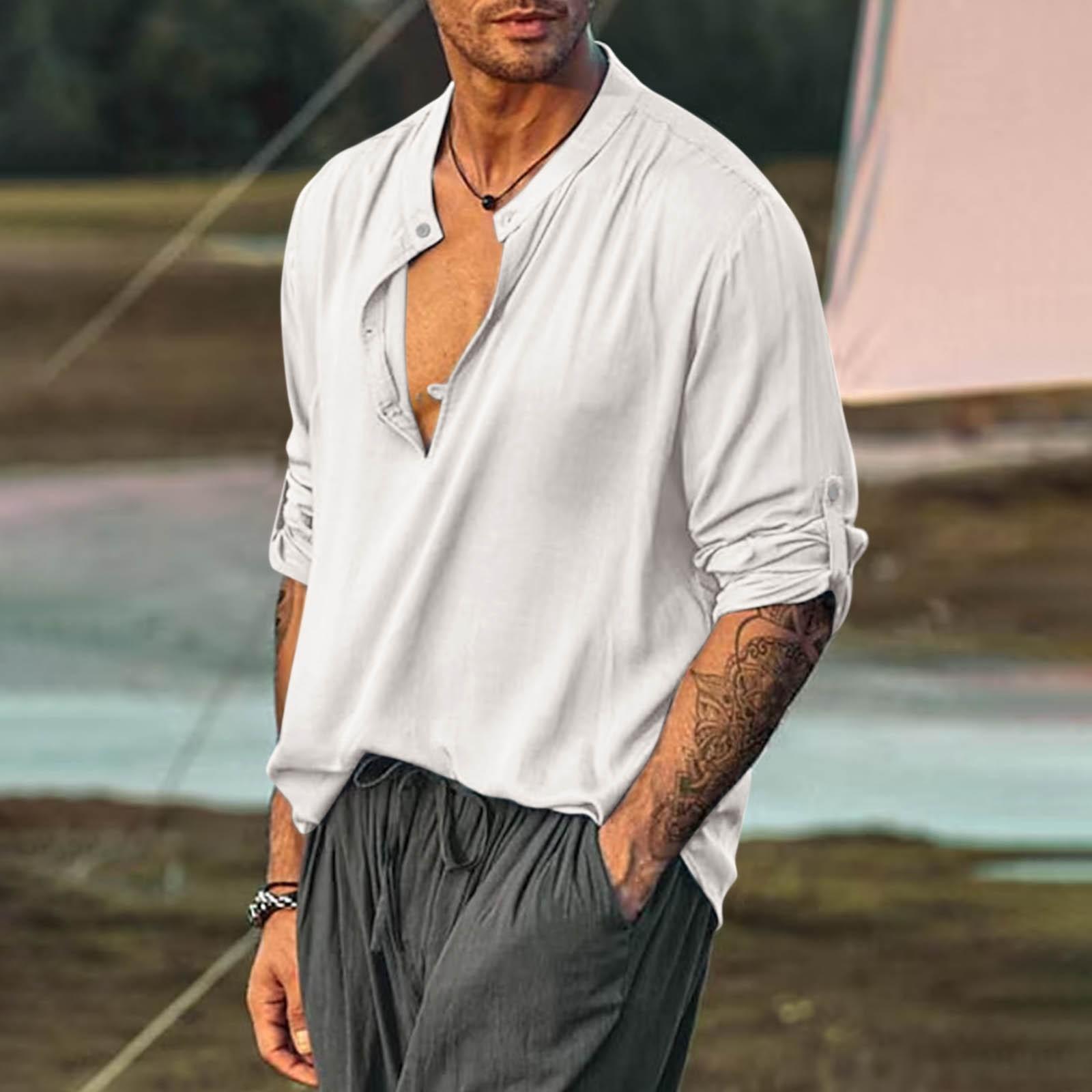 

Мужская полуоткрытая рубашка, разноцветная хлопково-льняная рубашка, круглый вырез, модный рукав, рубашка с длинными рукавами XL