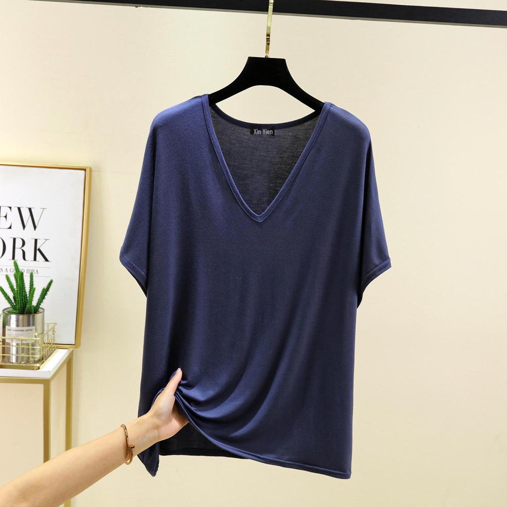 Women's Solid Color V-Neck Cotton Modal Short Sleeve Loose Top