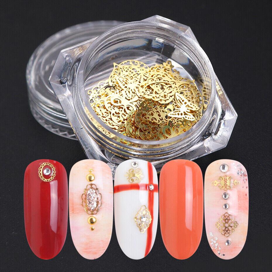 Decorazione vintage con fascino per nail art, paillettes, fiori, farfalle, in metallo dorato, vintage