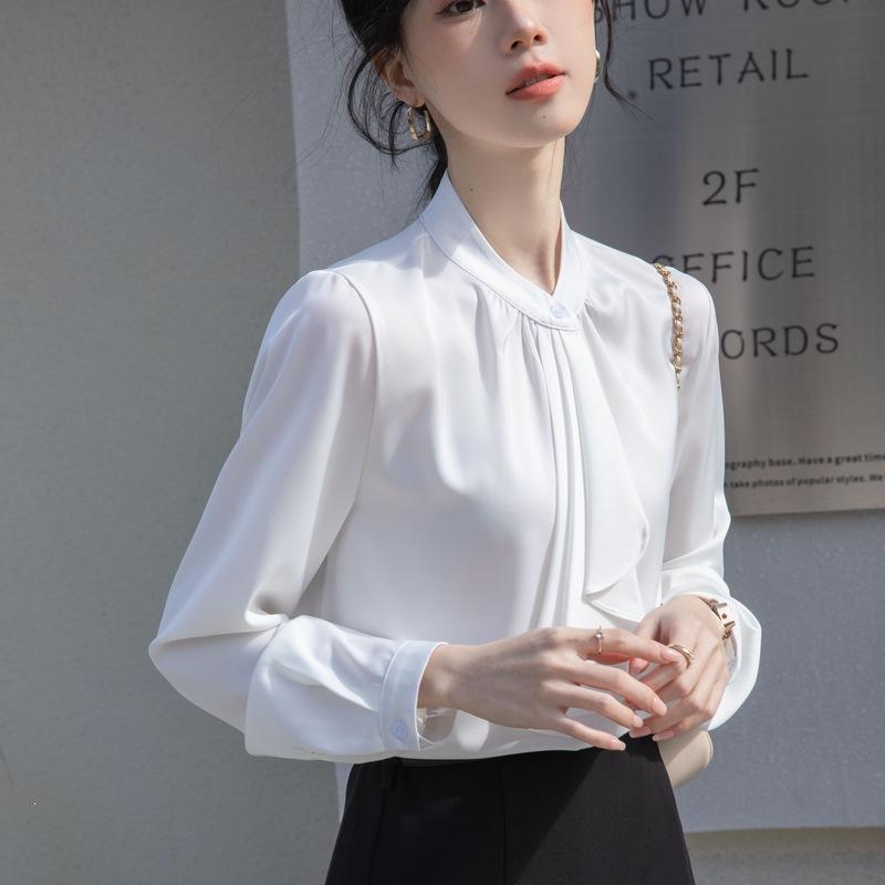 Women's Long Sleeve Blouse Stand Collar Office Elegant Blouse French Bow Tie Solid Color Commuter Shirt Top