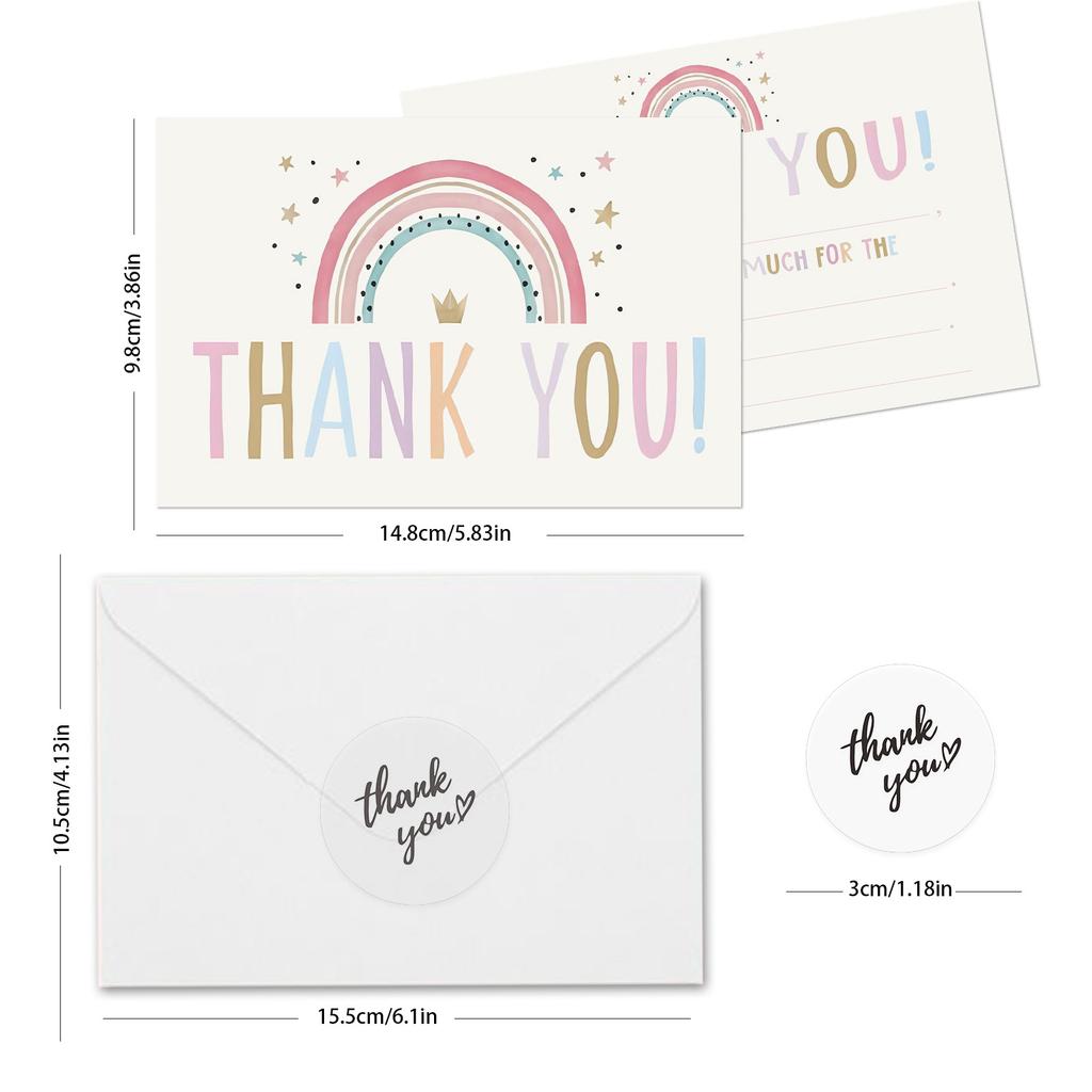10/50Pcs Rainbow Thank You Cards with Envelopes, Birthday Party Decor & Gift Cards, Appreciation Note Set