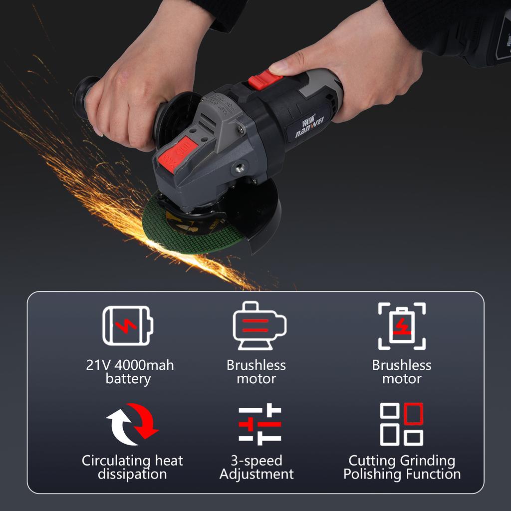Cordless Angle Grinder 3 Speed Adjustment Electric Grinder Power Display Brushless Motor 21V 4000mah Battery for Cutting Polishing Grinding Metal and