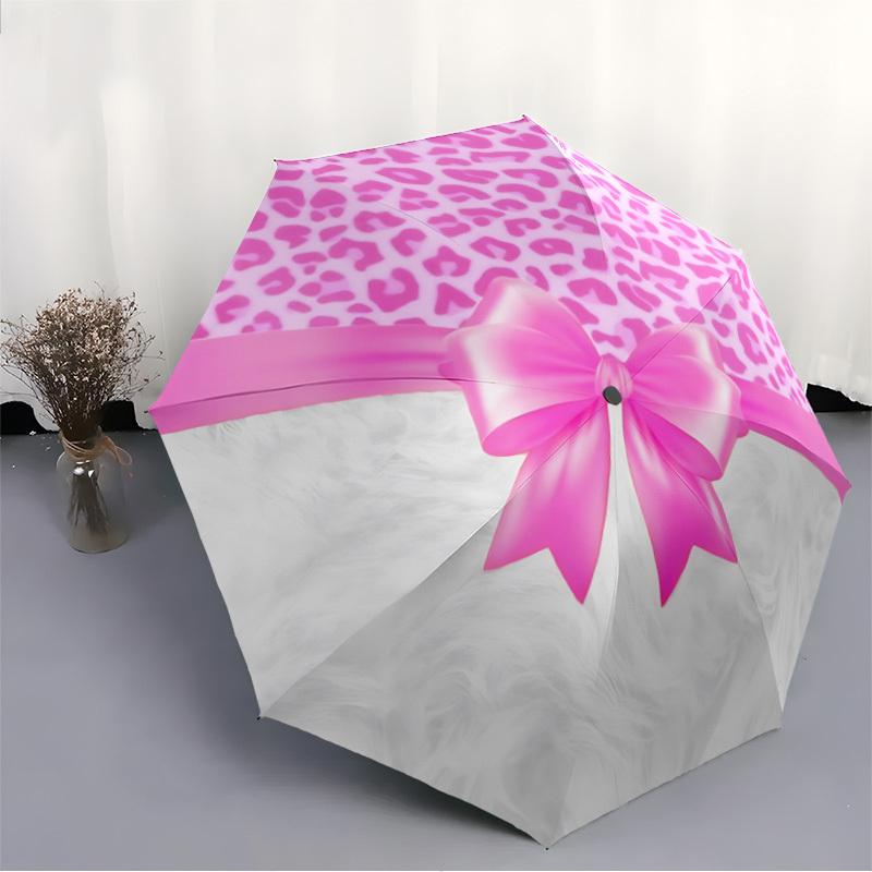 1pc Pink Leopard Bow Print Automatic Opening and Closing Folding Umbrella with 8 Iron Ribs - Portable, Foldable for Travel Yy251124090