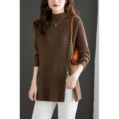 Half Turtleneck Mid-length Bottoming Sweater for Women 2025 Autumn and Winter New Style Slit Slimming Temperament Knitted Top